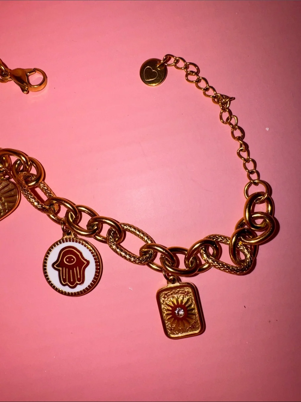 Stainless steel Charm Link Bracelet with Hamsa & Heart Charms